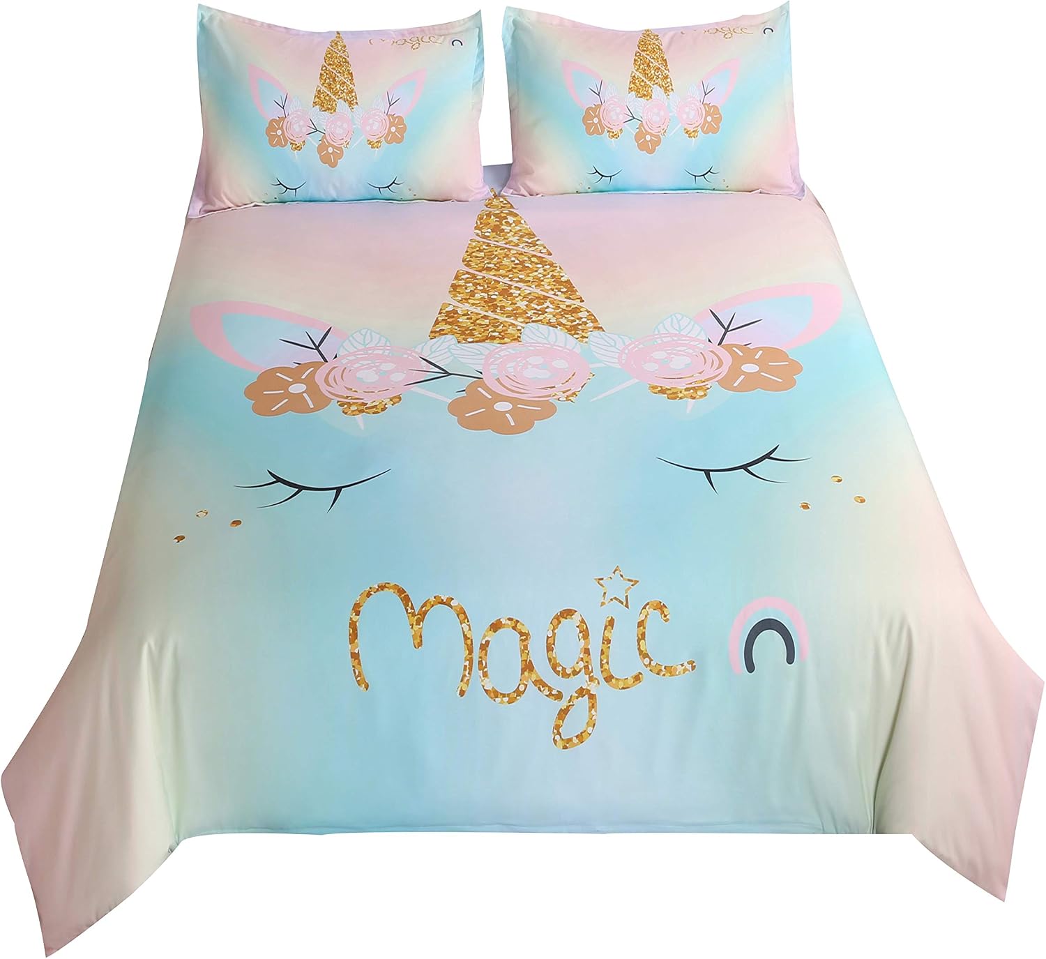 Hot Deals Suncloris,Magic Girls Flower Rainbow Unicorn,Kids' Gift Home Bedding Set.Included:Duvet Cover,Pillowcase(no Comforter Inside) (Queen)