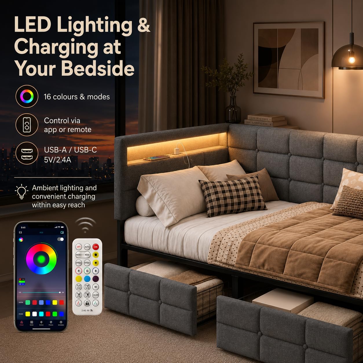 Divano Letto Singolo 90x200 a L Salvaspazio, Letto Singolo Angolare Imbottito in Tessuto Effetto Lino Grigio con 2 Cassetti, LED RGB 16 Colori, 2 Prese EU, USB-A/USB-C, Rete a Doghe, Senza Materasso