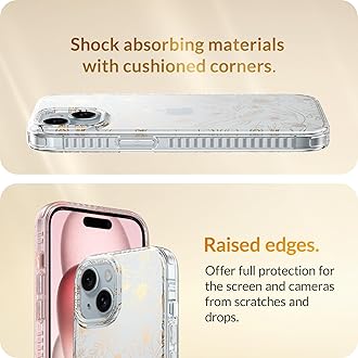 LONLI Hue Case for iPhone 15 Plus - [360° Shock-Absorbent Bumper] - [Cute and Unique Phone Cover for Girls and Women] - Gold Floral