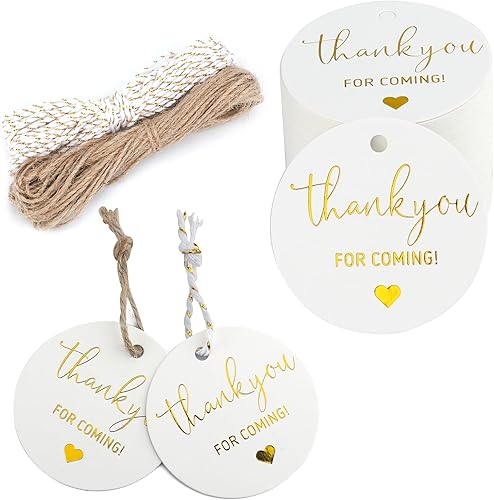 Miniatura 2 de joycraft 100 etiquetas de agradecimiento para venir, etiquetas de papel kraft blancas de alta gama con cuerda, etiquetas redondas de papel de