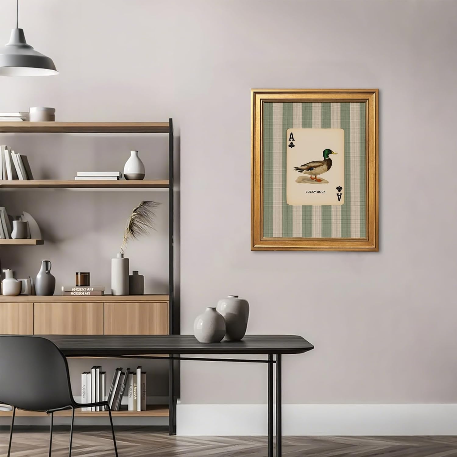 Lucky Duck Wall Art Canvas Print Framed Vintage Playing Card Duck Poster Painting Preppy Mallard Bird Artwork Striped Sage Green Picture Retro Eclectic Game Room Decor for Bedroom Bar Office 8x10inch image 5