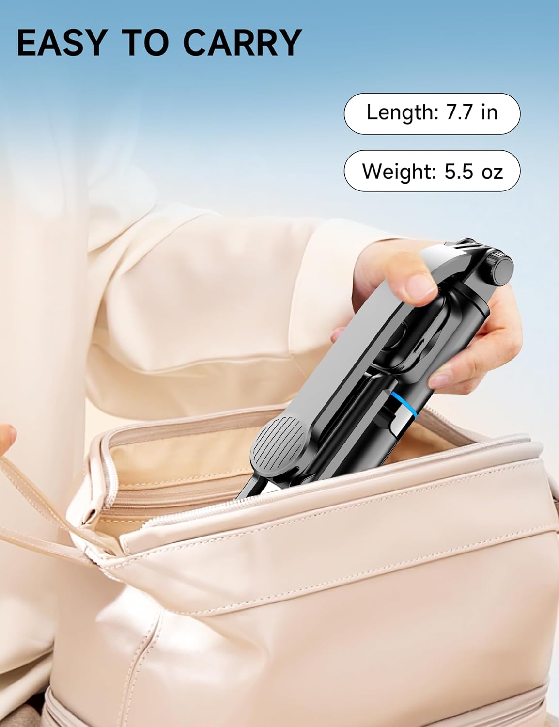 Image showing the phone clip detached from the selfie stick and used as a standalone tabletop phone stand.