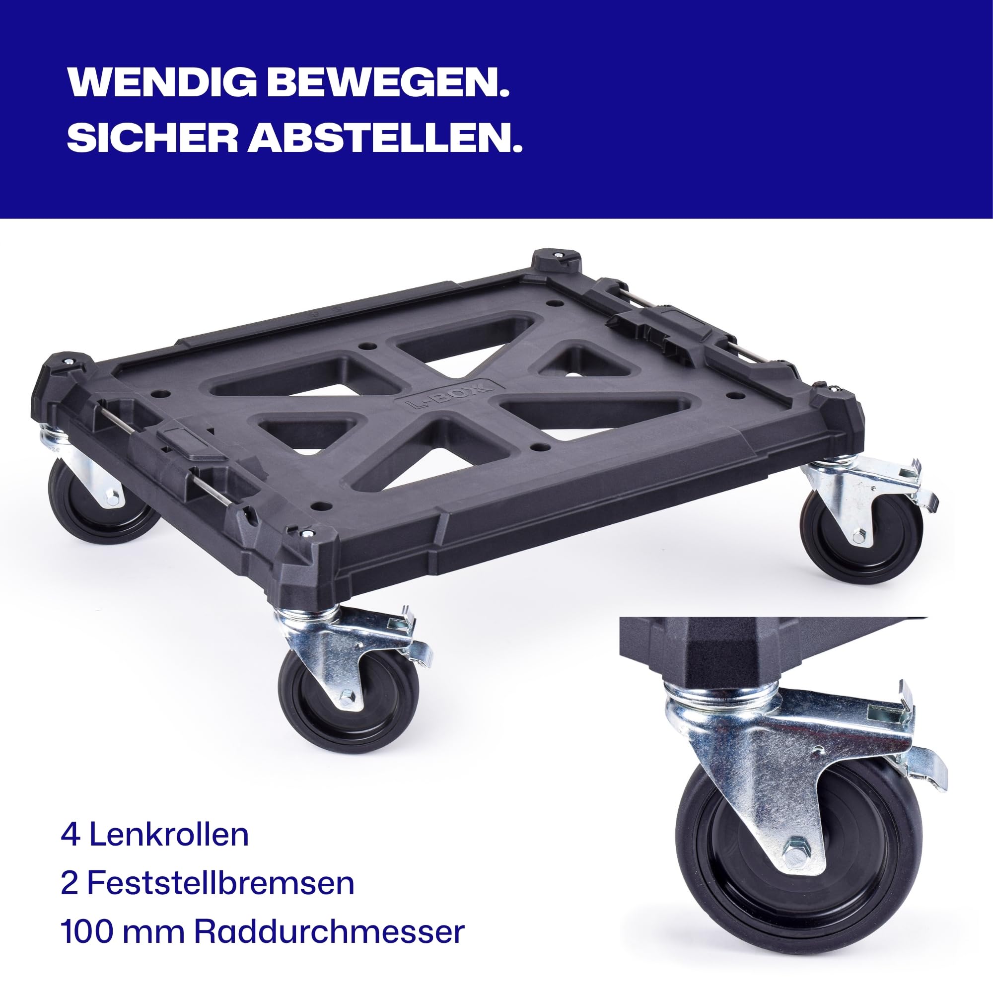 L-BOXX Roller Transportwagen für Werkzeugkoffer bis 200kg mit Bremse, mobil | für L-BOXX G und G4, XL-BOXX und L-BOXX Contractor, bis 200kg, 4x100mm Lenkrollen, 2 Bremsen, 559x432x170mm, 4 Zurrpunkte