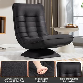 Armchair Living Room Floor Chair 360° Rotatable Black Linen