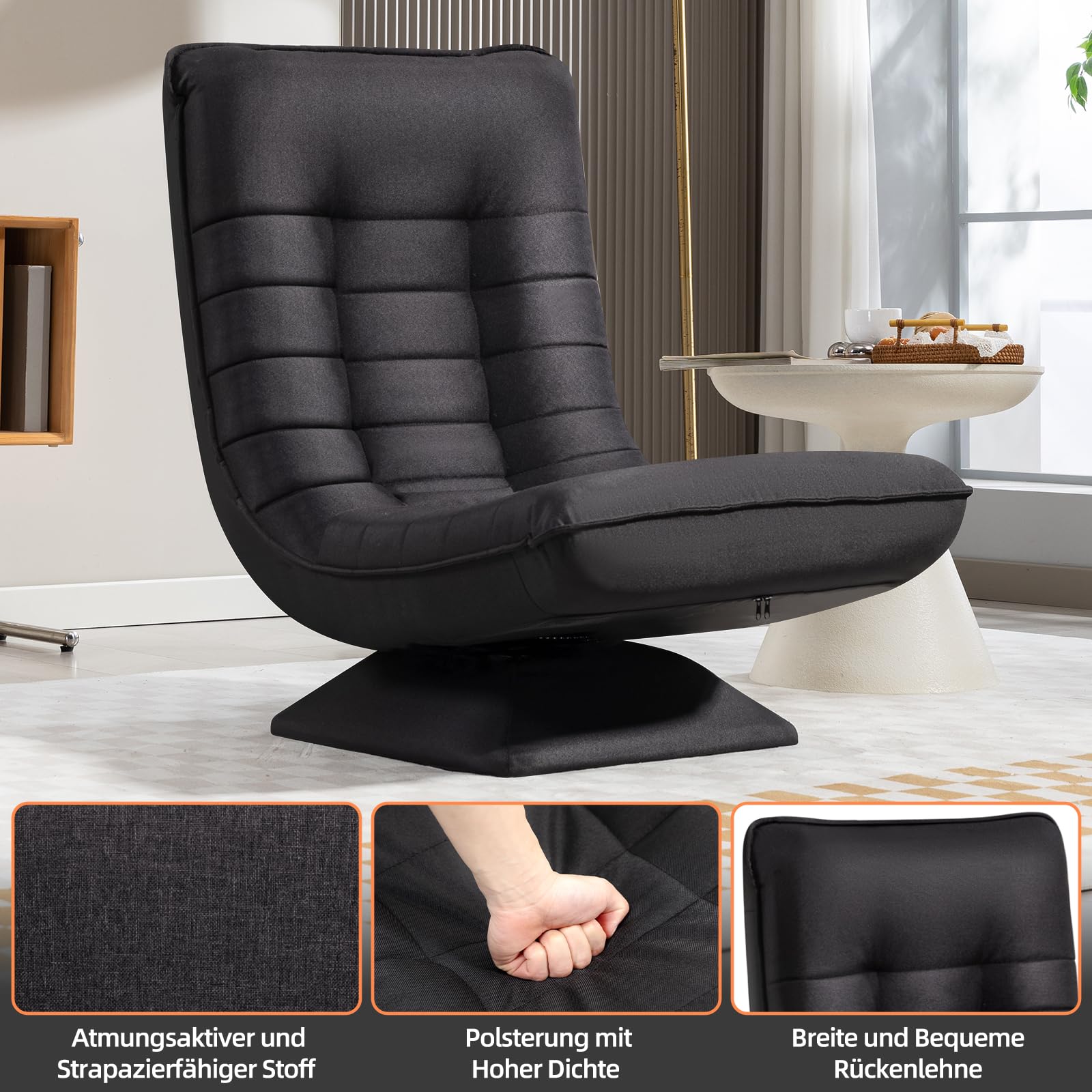 Fauteuil de salon pivotant à 360° en lin noir
