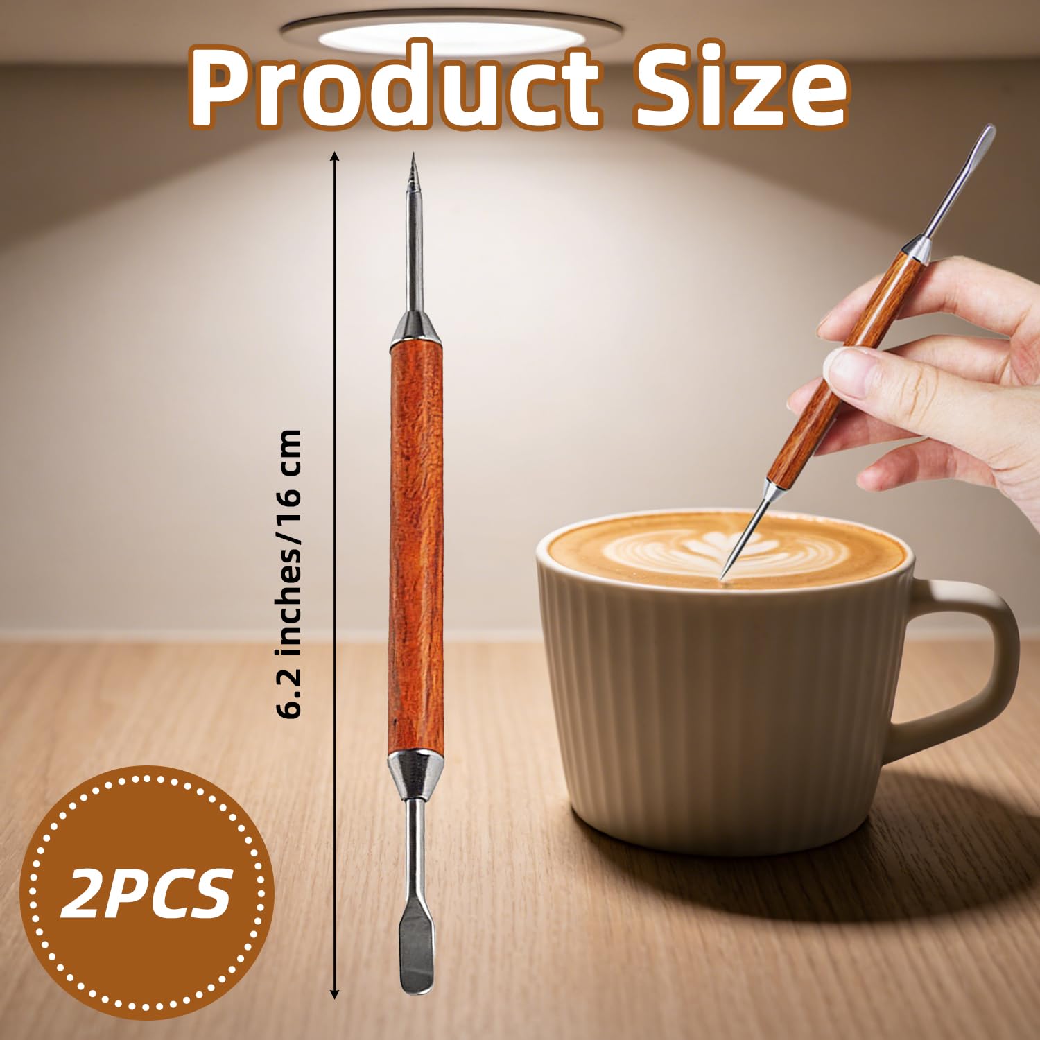 Bolígrafo Latte Art, Herramientas Barista Acero Inoxidable Doble Punta con Madera Negra - 2 Piezas