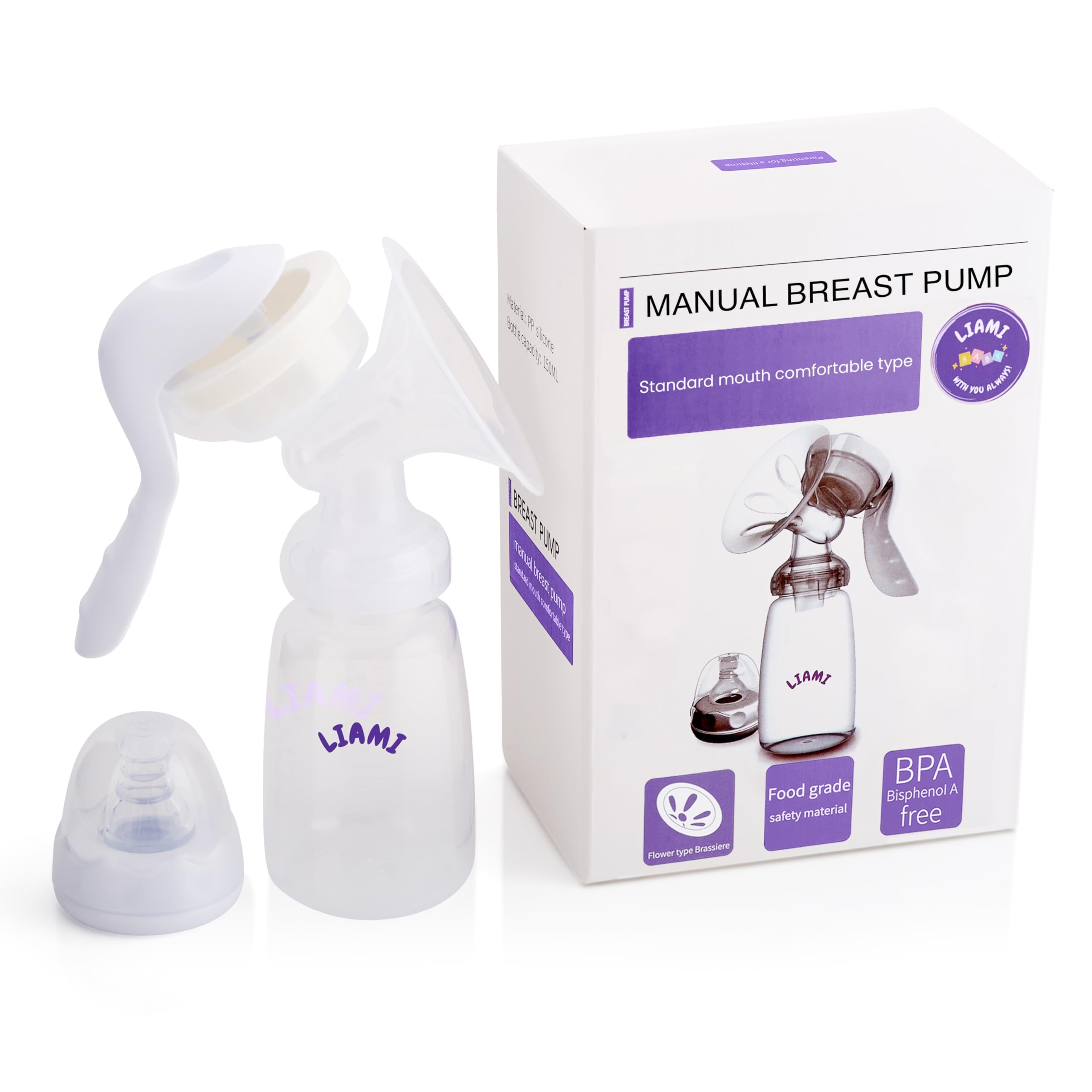 LIAMI Manual Breast Pump with 150mL Breastmilk Storage Bottle | Customisable Silicone Suction Hand Pump | Portable Milk Collector | Baby Feeding Essentials