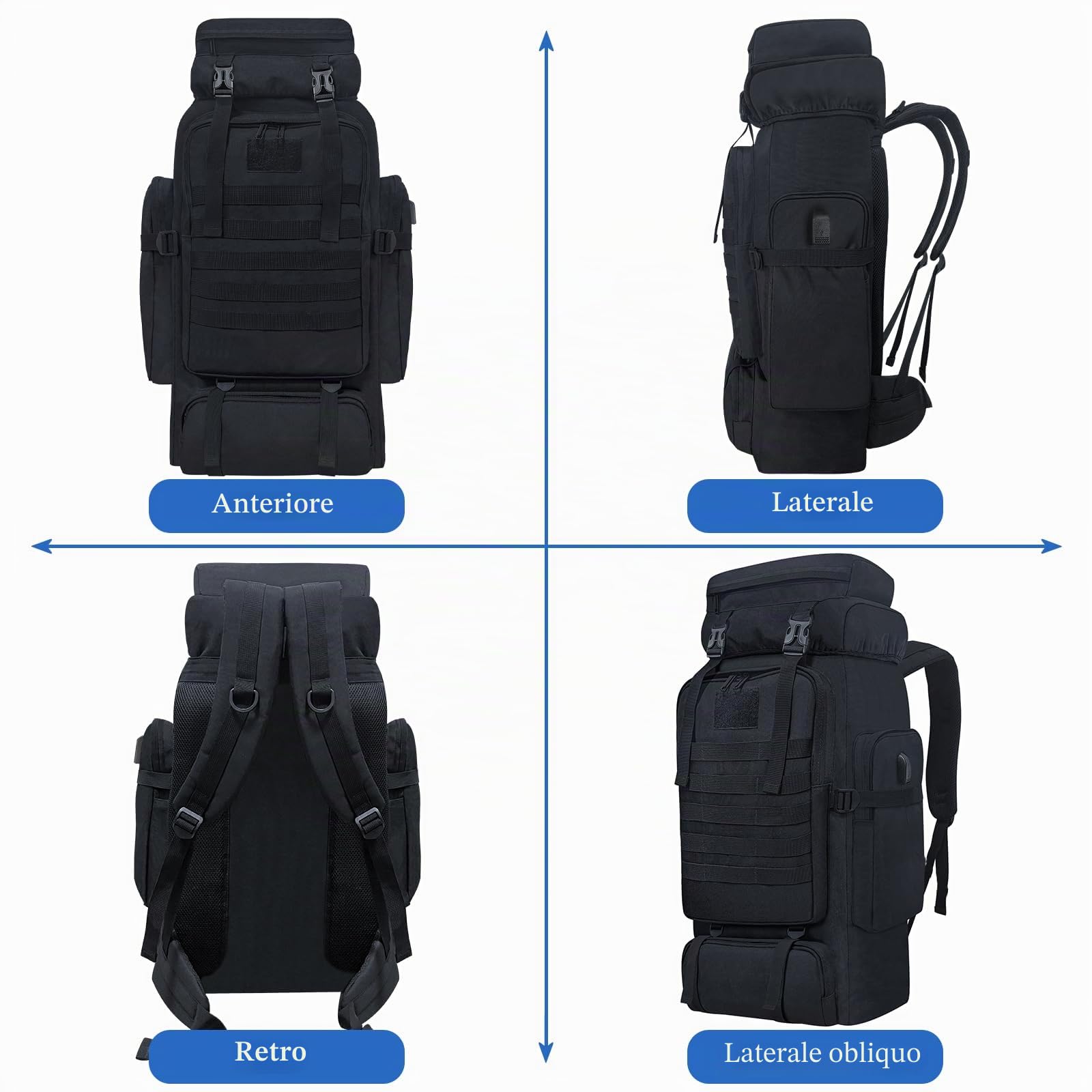 80L campeggio Trekking zaino, Zaino tattico militare, grande zaino da trekking, resistente all'acqua Trekking zainetto, borse sportive regolabili (nero)