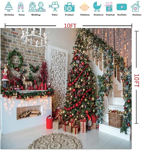 CYLYH Telones de fondo de Navidad de 10 x 10 pies para chimenea de Navidad, árbol de Navidad, regalo de fiesta, decoración del hogar, fondos de