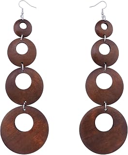 COIRIS Große runde Holz-Tropfenohrringe Boho Hippie lange Holzohrringe mit silbernem Haken für Damen