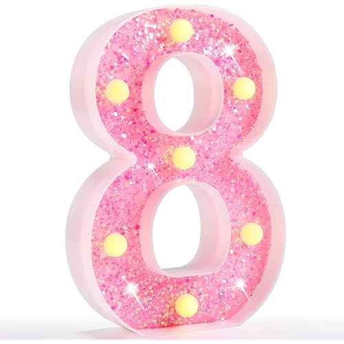 Pooqla Marquee Numbers Lights, light up Numbers Battery Powered, Glitter Lighted Numbers for Girls 8th Birthday Party, Shiny LED Numbers for Christmas Wedding Home Bar Decoration, Pink Number 8