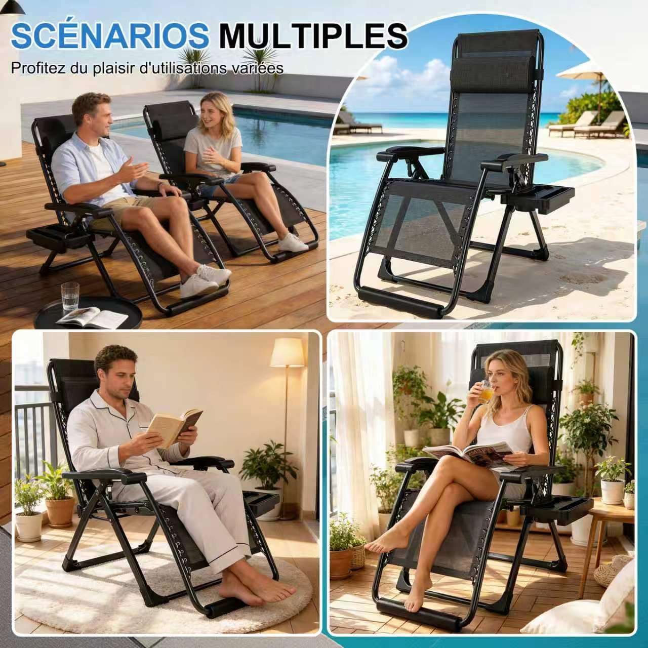 Génération2 Chaise Longue, Fauteuil Pliant, Relax Jardin Extérieur, pour Jardin, Plage et Piscine, Charge 200KG, Dossier Réglable, Oreiller et Coussin Amovibles (Noir, 72cm)