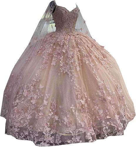 Vestido de quinceañera de dos piezas de Cenicienta con capa y hombros descubiertos y encaje de mariposa