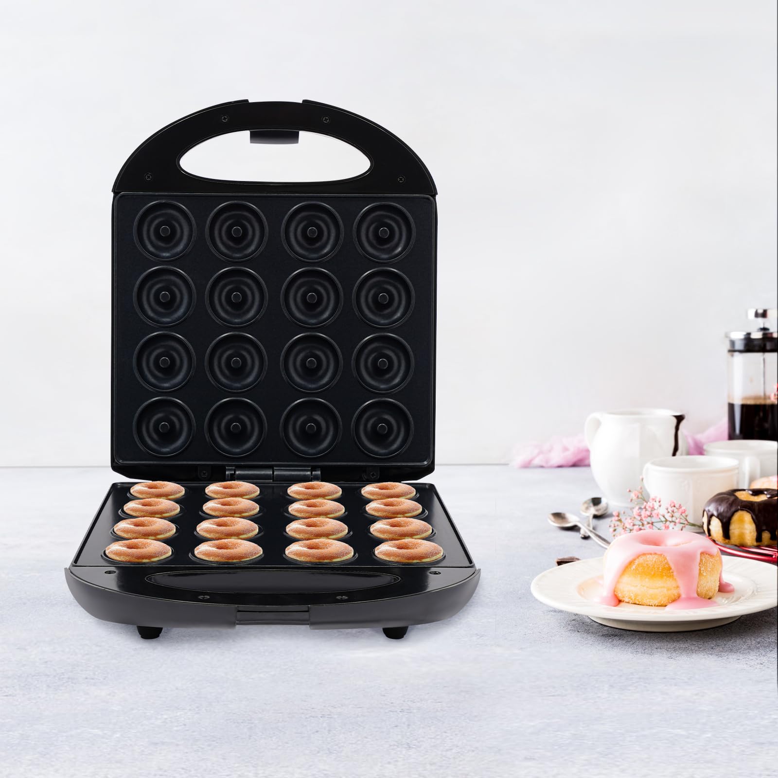 Appareil à Donuts 1400W Diamètre du Donut 4.5cm Mini-machine à Donuts pour 16 petits Donuts Revêtement Antiadhésif pour Maisons, Boulangeries, Magasins de Desserts, Restaurants