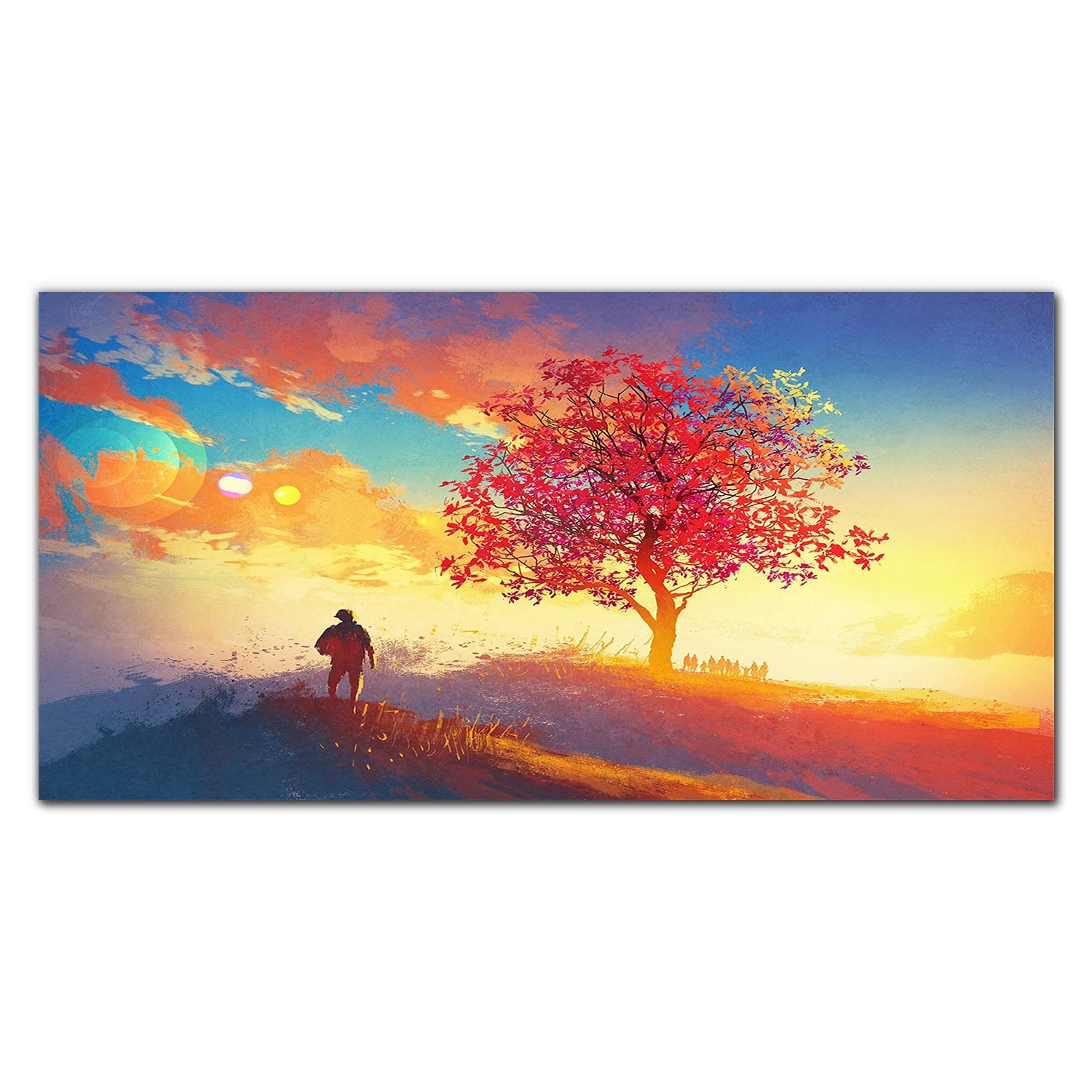Crédence de cuisine 120x60cm en verre trempé avec motif arbre au coucher de soleil de la colline