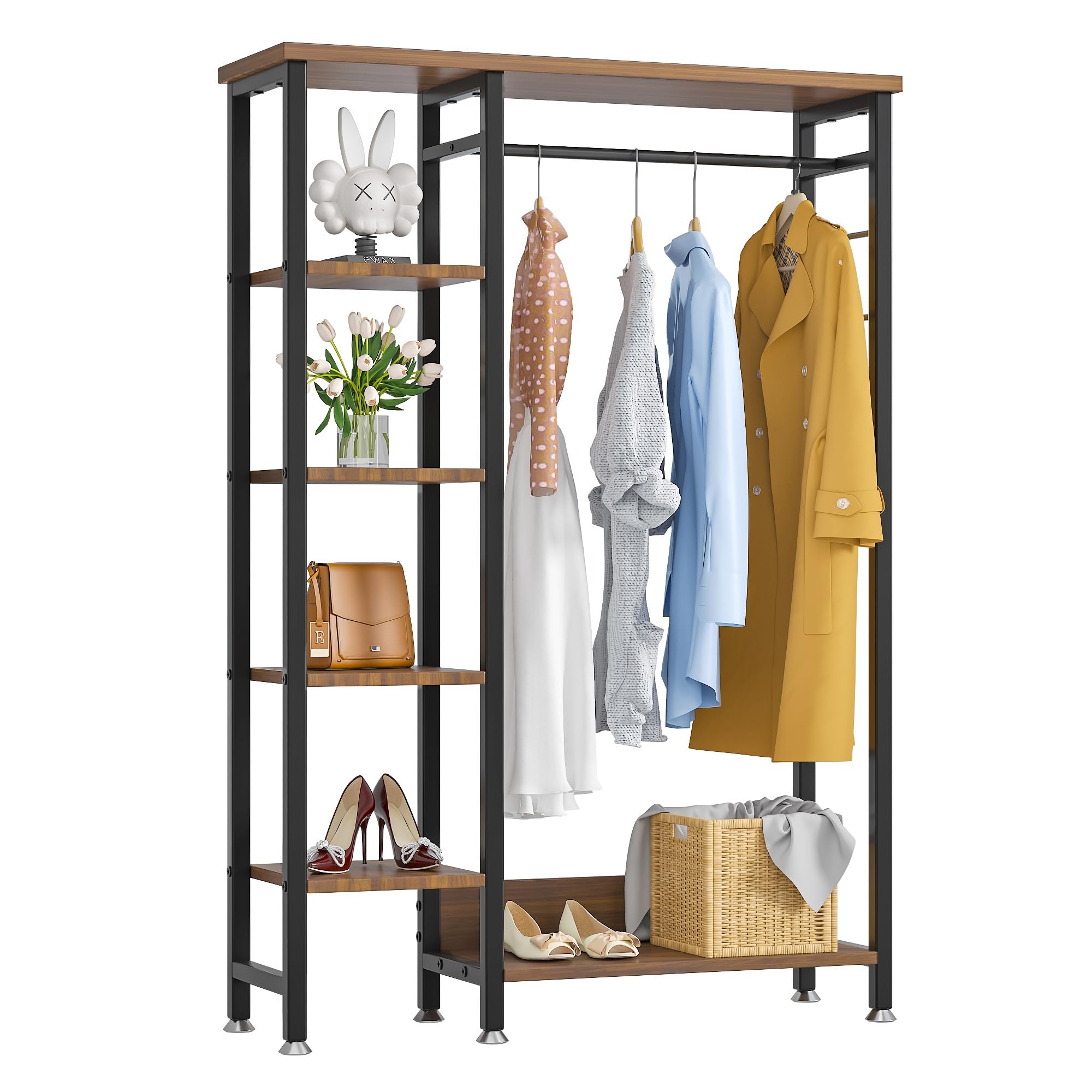 VECELO Free-Standing Garment Rack, Heavy Duty Coat Clothes Rail Rack with 5-Tier Storage Shelves and Hanging Rod for Bedroom Living Room Hallway Entryway, Easy Assembly, Brown