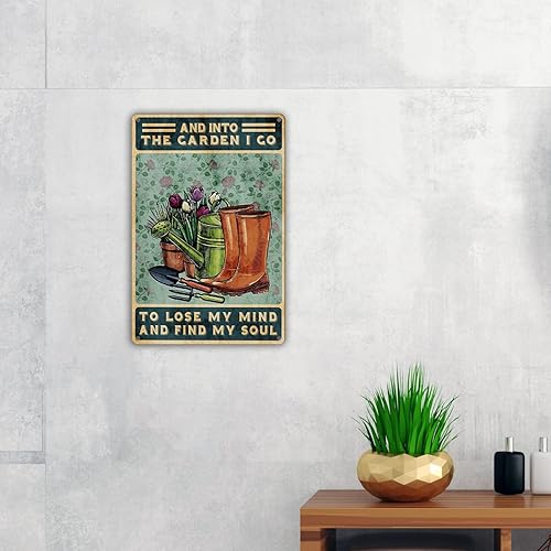 Miniatura 4 de Divertido letrero de metal para pared, diseño retro con texto en inglés "Into the Garden I Go to Lose My Mind" para regalos de decoración del hogar