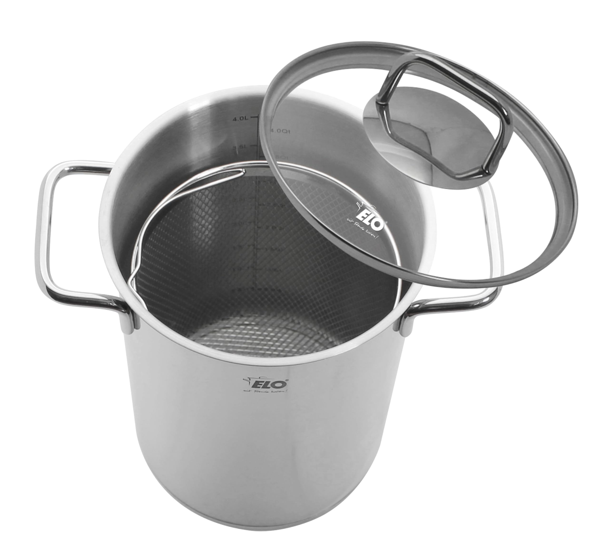 ELO Spargeltopf 72616 Citrin 16 cm - silberfarben - Volumenskala - verkapselter Hartlötboden - Bügelgriff mit Fingerschutzplatte - spülmaschinengeeignet, Silber | Öl-Dosiersystem, backofenfest, spülmaschinengeeignet, Volumenskala, mit Sieb-Einsatz
