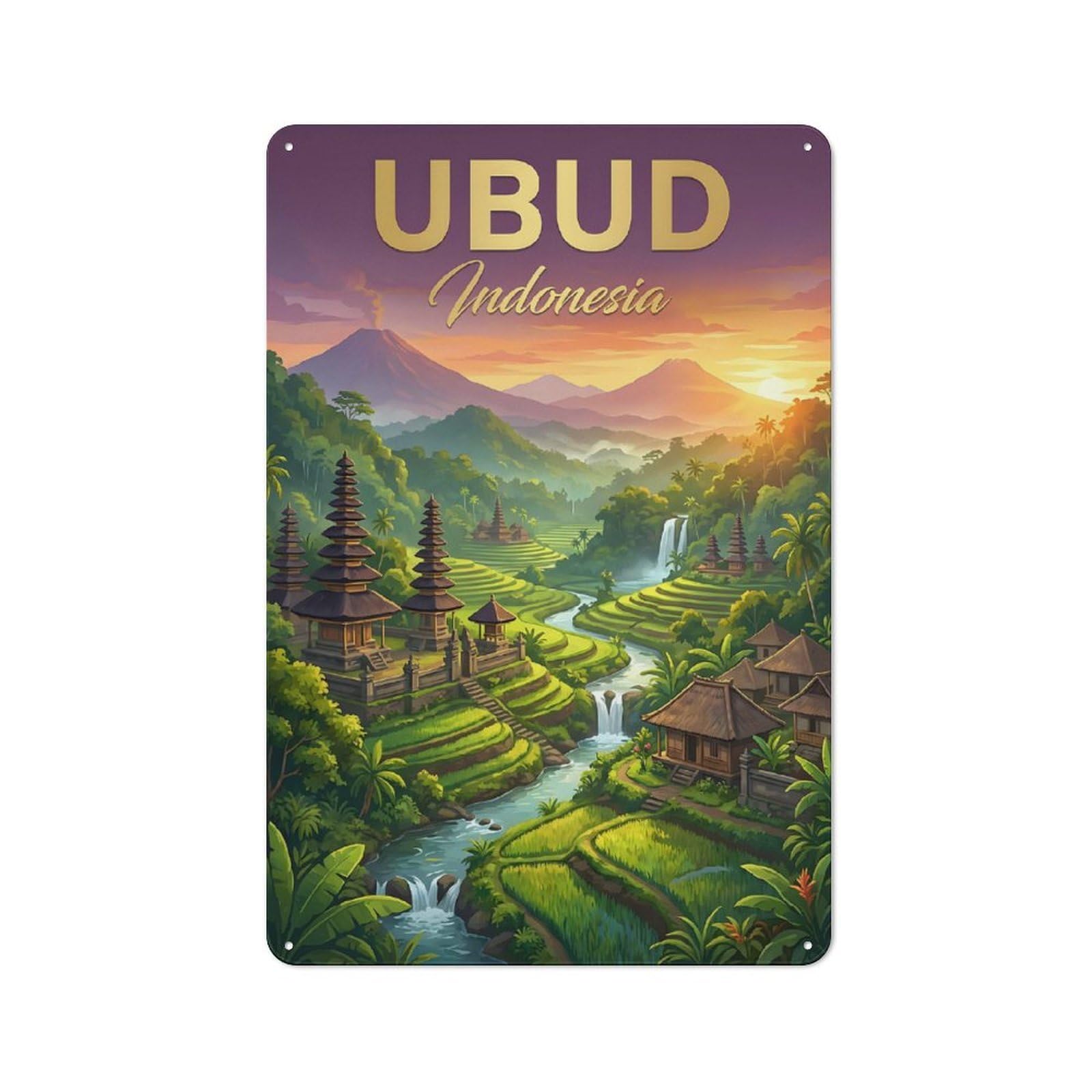Junmoney Style-16 Tin Wall Plaque 30X20cm With Ubud Indonesia Rice Terraces For Café Or Restaurant, Housewarming Present For People Styling Café And Restaurant