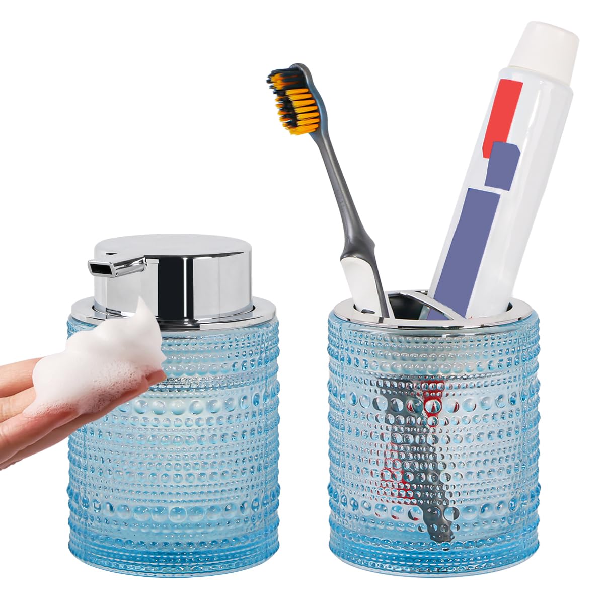 Tonxus Bathroom Accessory Sets,Glass Toothbrush Holder and Soap Dispenser for Bathrooms,Foaming Hand Soap Dispenser,Toothbrush and Toothpaste Cup Holder,Clear Soap and Toothbrush Holder Set (Blue)