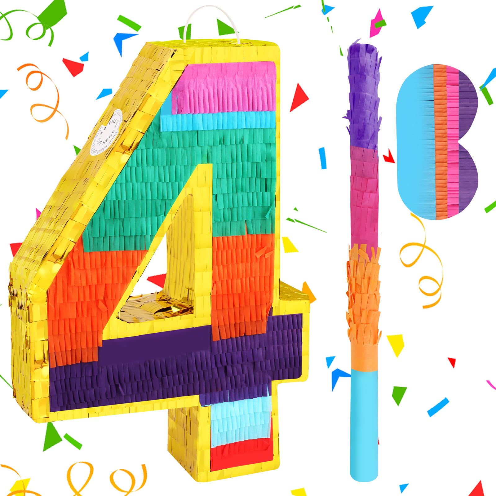 Adecortalk Rainbow Number 4 Pinata for Kids 4th Birthday Party Supplies, Fiesta, Centerpieces, Anniversary Celebrations (16.1 x 10.6 x 3.2 Inches)