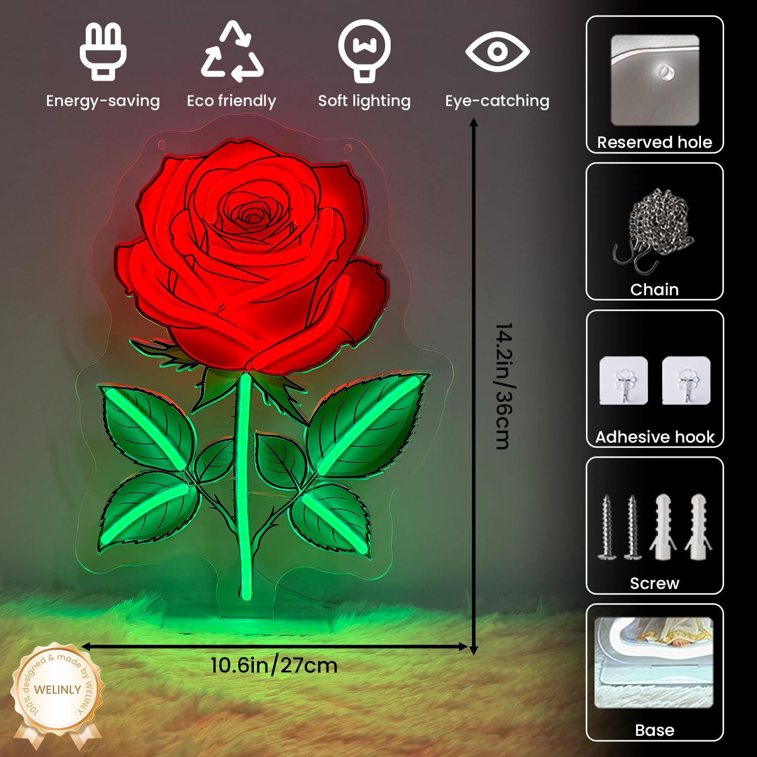 Neonowy szyld LED z czerwonymi różami, podświetlane lampki kwiatowe, podświetlany neonowy szyld miłosny z cokołem do sypialni, sypialni, korytarza, garażu, baru, pokoju zabaw, mężczyzny, dziewczynki