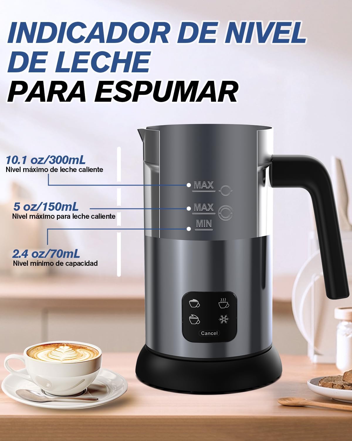 Homtronics milk frother showing internal fill level markings for different functions.