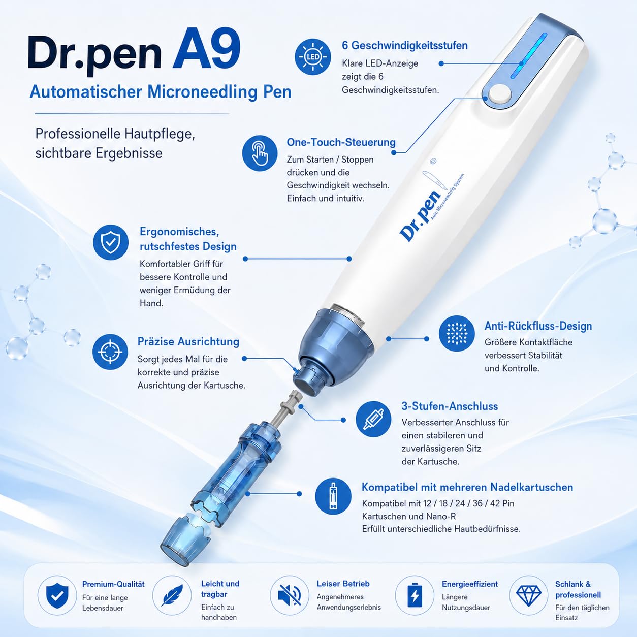 Dr. Pen A9 hautpflege-Pen Set mit 28 Patronen (12×12Pin & 10×36Pin & 6xNanoR), Kabellose, 6 Geschwindigkeitsstufen & LED-Anzeige für Hautpflege, Feine-Linien-Verbesserung & Hautbild-Optimierung
