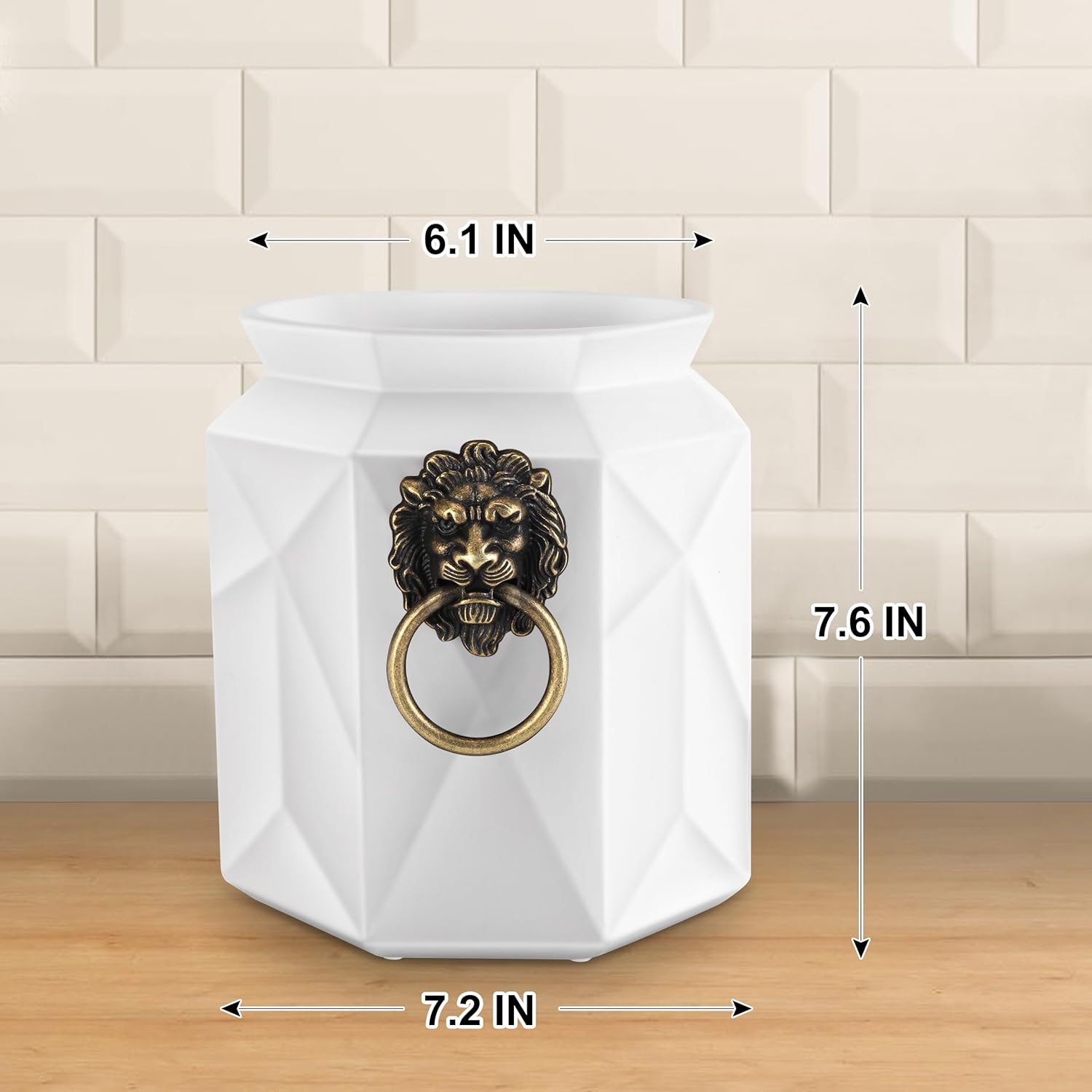 2026 Upgraded Kitchen Utensil Holder with Lion Head Decor - Vintage Industrial Farmhouse Ceramic Utensil Crock, Large Capacity Anti-Tip Countertop Organizer for Spoons & Spatulas(Matte White)