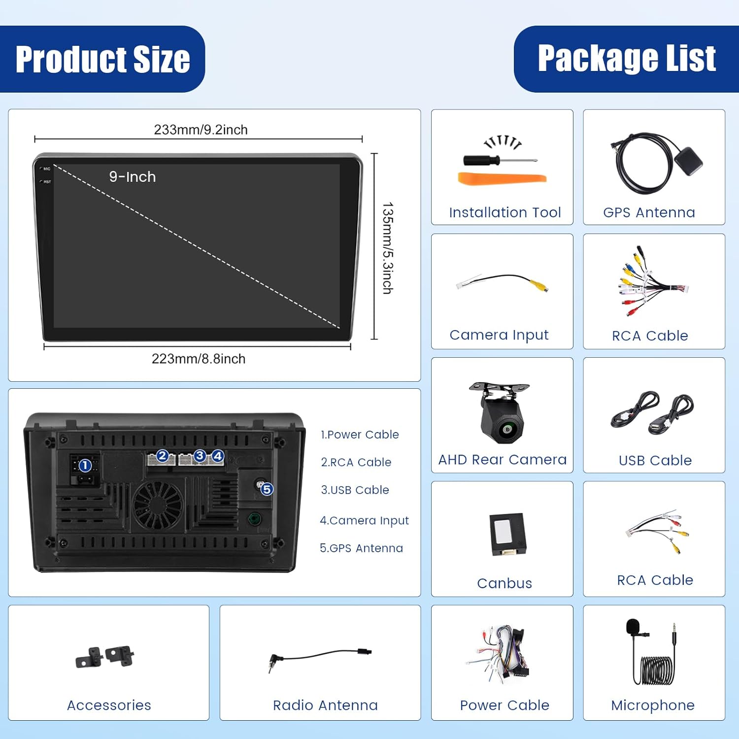 Diagram showing product dimensions and a list of included accessories.