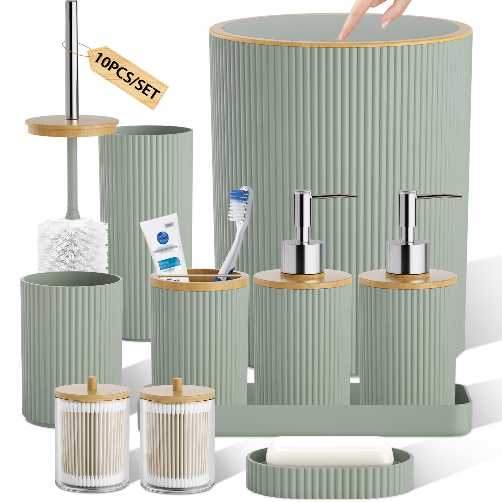 Photo 1 of 10PC Bathroom Accessories Set - Sage Green Bathroom Sets, Bathroom Accessory Set with Pop Up Trash Can, Toilet Brush, Trash Can, Qtip Holder & Soap Dispenser