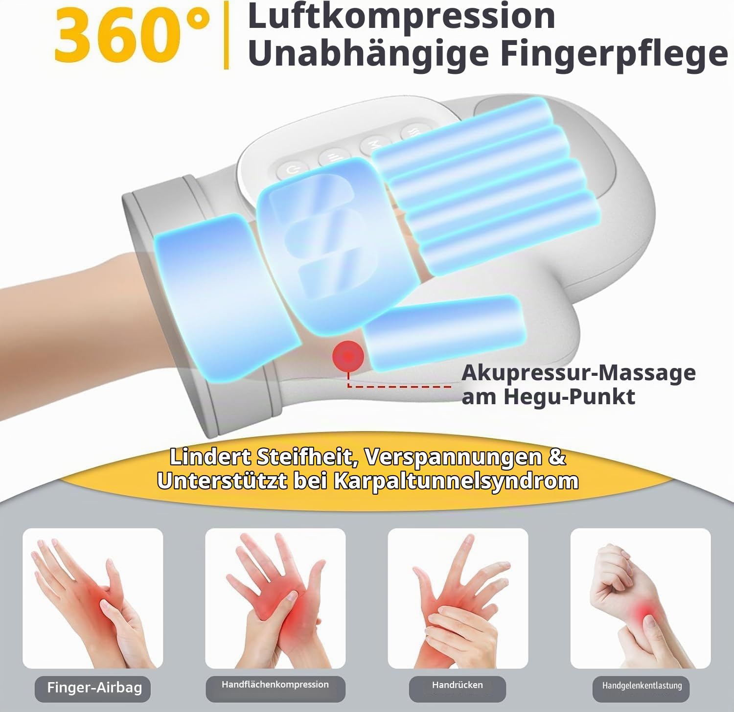Elektrisches Handmassagegerät mit Wärme und Kompression | Kabelloser Verstellbarer Hand Massager für Finger, Hände und Handgelenke, für Damen und Herren