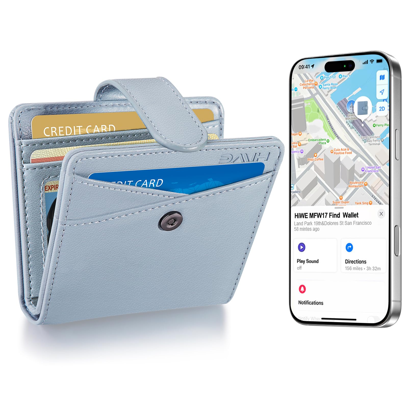 Small Womens Wallet, Bifold Wallets with Smart Anti-Loss Find My Tracker Built in, RFID Credit Card Holder, PU Leather, ID Window, Blue