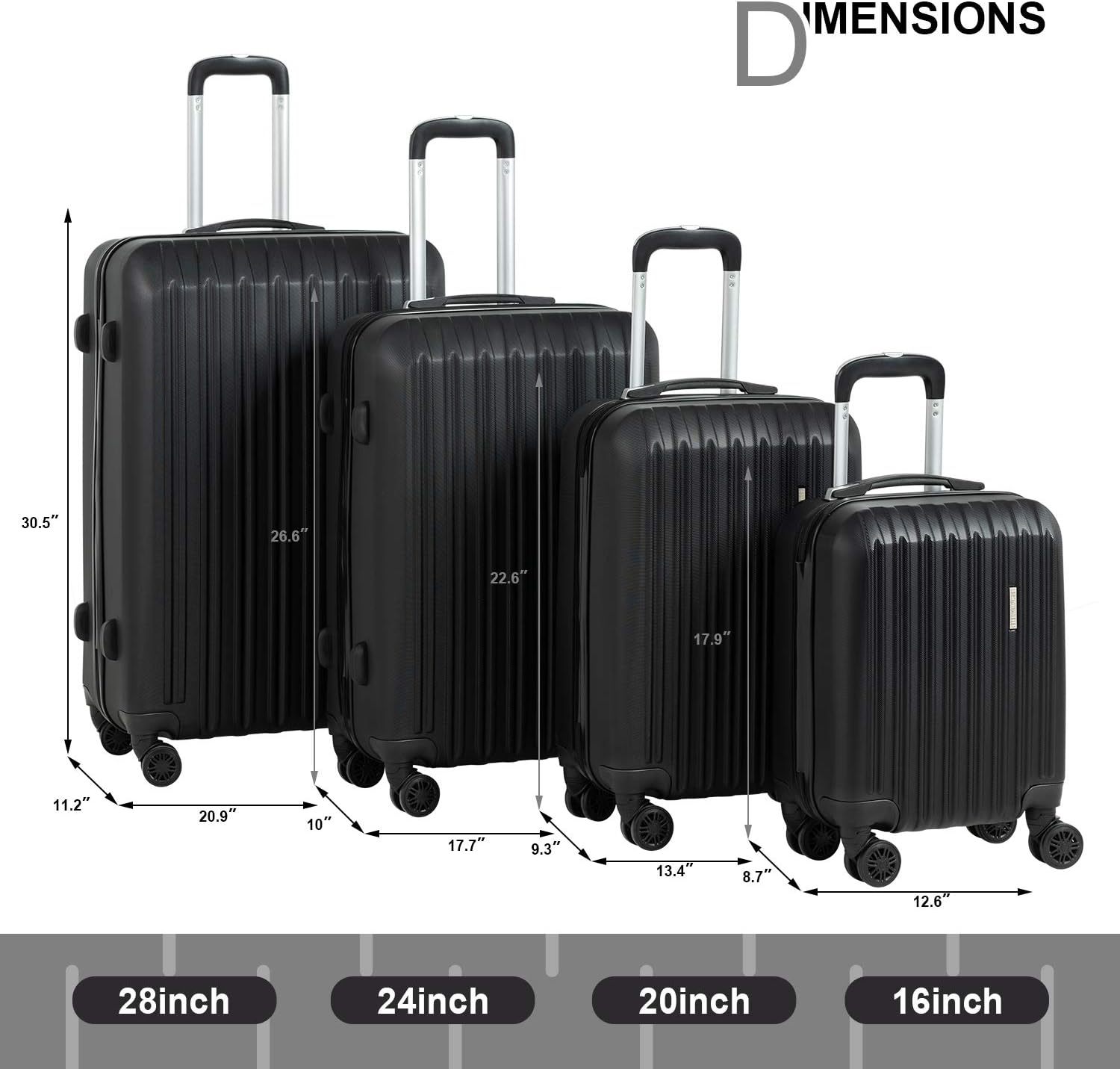 Murtisol ABS Hardside Luggage Sets With Spinner Dual Wheels,Black,4-Piece Set(16/20/24/28)…