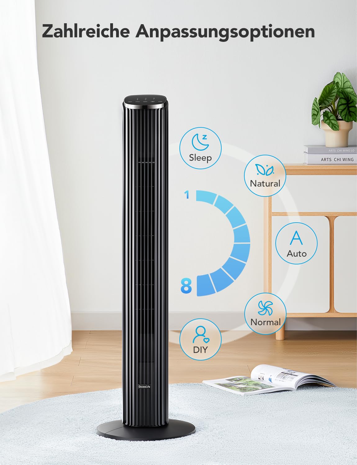 GoveeLife Intelligente leiser Turmventilator, 75° Oszillierende Ventilatoren mit App- und Sprachfernbedienung, 6.3m/s Geschwindigkeit 8 Geschwindigstufen 5 Modi 24 Std-Timer, mit Kühlung