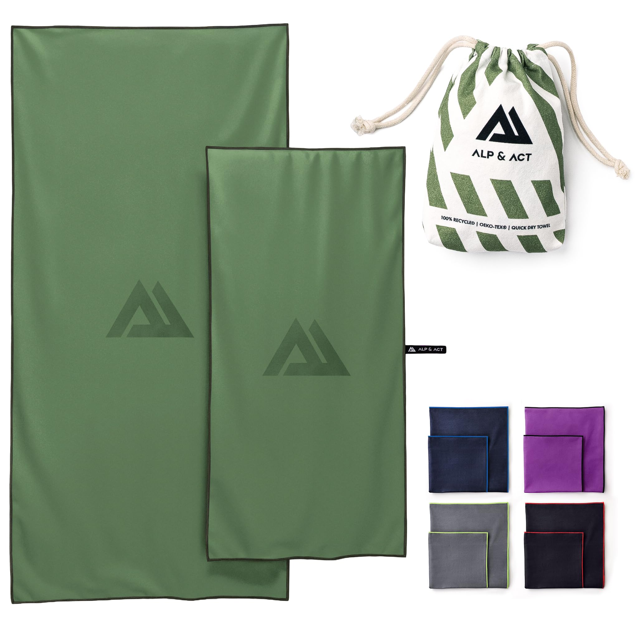 ALP & ACT Microfibre Towel Set of 2-100% Recycled - SUPER LIGHTWEIGHT & Quick Dry - 150x70 cm + 100x50 cm - Extra Compact for Travel, Camping, Holiday - Large & Small - green