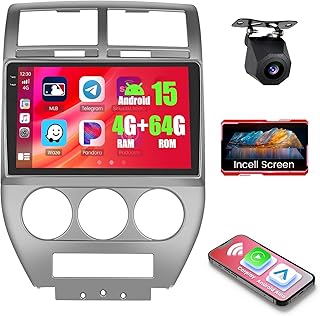 4+64GB Android 15 para Jeep Compass 2007-2010 Radio de coche inalámbrica Carplay Android Auto, estéreo para automóvil con pantalla táctil en celda de 10.1 pulgadas, WiFi Bluetooth5.0 GPS FM