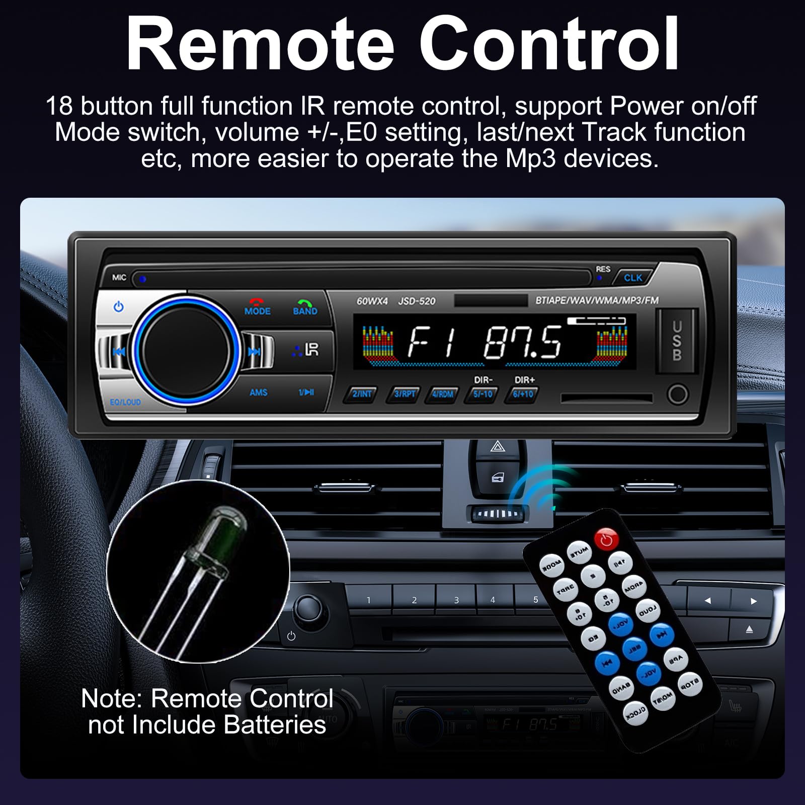 Souvik Radio samochodowe Bluetooth 5.0, radio samochodowe z zestawem głośnomówiącym, z odtwarzaczem USB/AUX/TF/EQ/MP3, z zegarem/pilotem, ekranem LED, szybkie ładowanie, 5 efektów dźwiękowych
