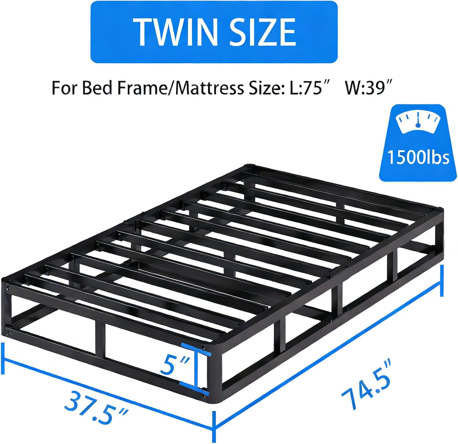 Twin Size Box Spring 5 Inch Low Profile Mattress Foundation, Heavy Duty Steel Frame Bed Base with Fabric Cover, Easy Assembly, Supports Up to 1500lbs