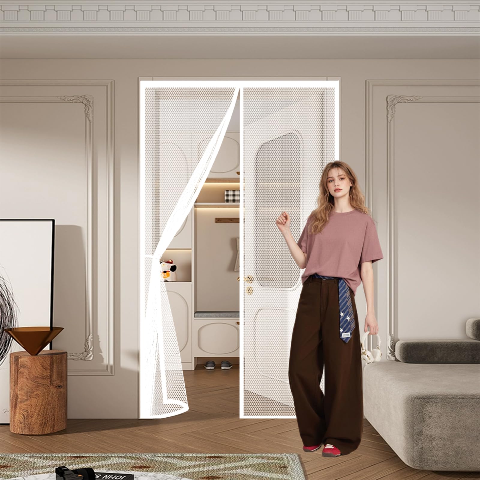 Qenhyun White Magnetic Screen Door 150 X 165 Cm Keep Bugs Out, Full Frame Magic Tape, Powerful Magnets, Self Sealing, No Drill Installation, Magnetic Door Curtain For Balcony Bedroom Doors,