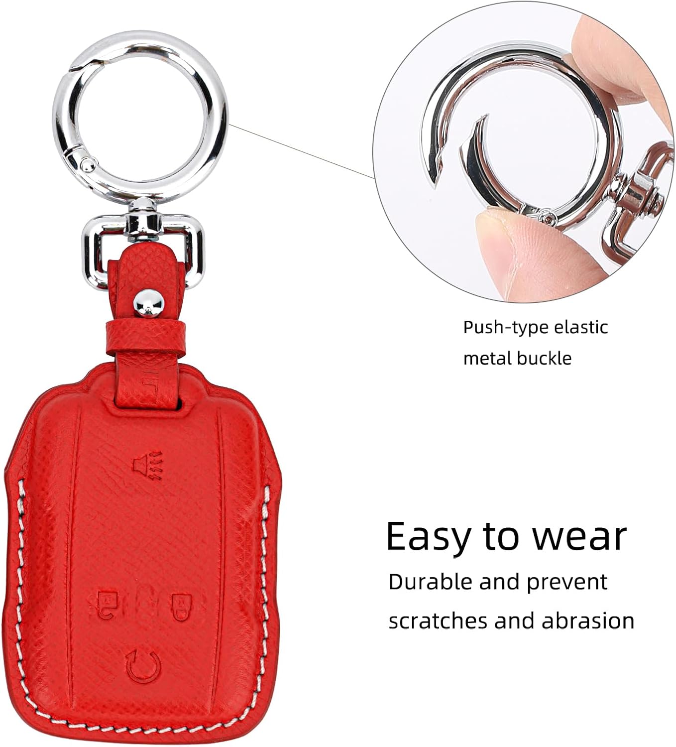 Genuine Leather Key Fob Cover for Chevy Silverado Colorado Suburban Tahoe & GMC Sierra Canyon Yukon 2014-2022, 4-Button Smart Remote Key Case Protector with Keychain(Red)