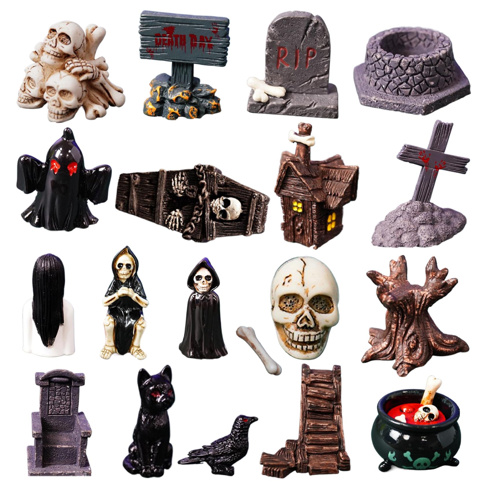 Monwssoe Halloween Decor, 19 Pcs Halloween Miniatures, Resin Mini Figurines, Horror Skull Heads Crow Tombstone Scene Village Accessories for Party Favors Fillers Tabletop Decor