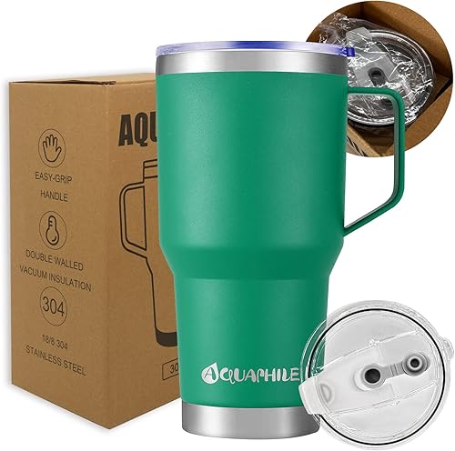Miniatura 5 de AQUAPHILE Taza de café aislada de acero inoxidable de 30 onzas con asa, taza de viaje al vacío de doble pared con tapa y pajita, taza de café