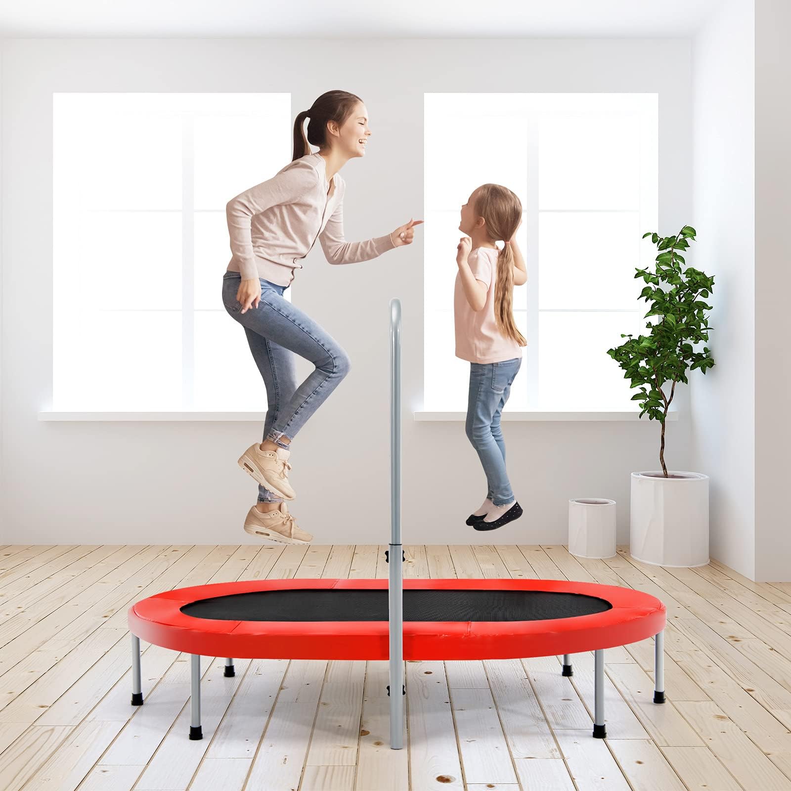 COSTWAY 2 Personen Trampolin, Mini Trampolin mit höhenverstellbarm Haltegriff, bis 150kg belastbar, Kindertrampolin klappbar, Gartentrampolin für Kinder, Erwachsene