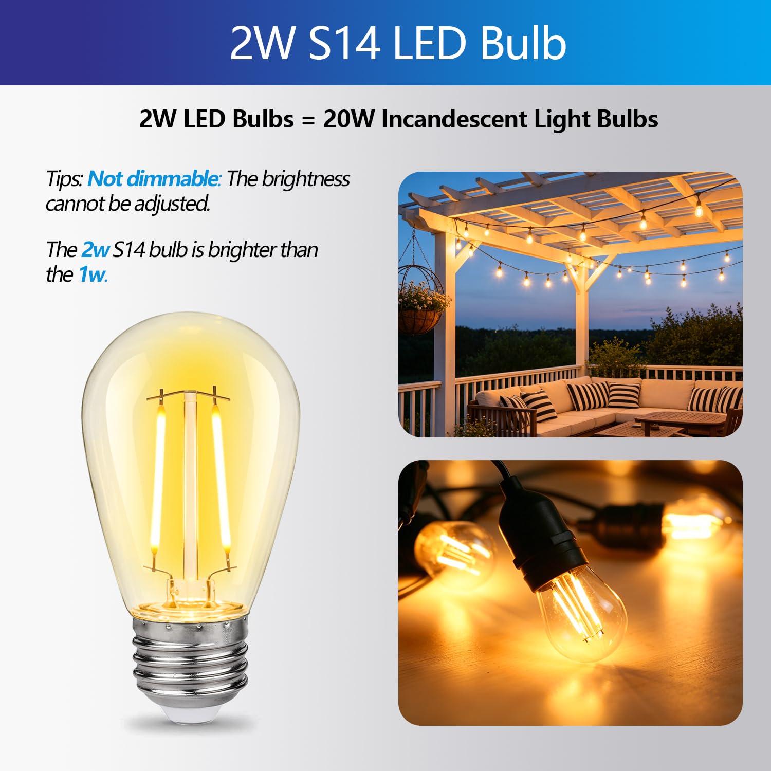 Bombillas LED de repuesto S14, inastillables e impermeables de 2 W, bombillas LED S14, cadena de luces para exteriores, base E26, bombillas LED Edison para patio, blanco cálido, plástico de 2200 K