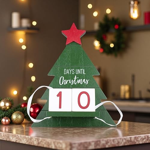 Decoración de mesa de árbol de Navidad con forma de madera para el hogar, etiquetas de Navidad de cuenta regresiva, estantes de madera, decoración