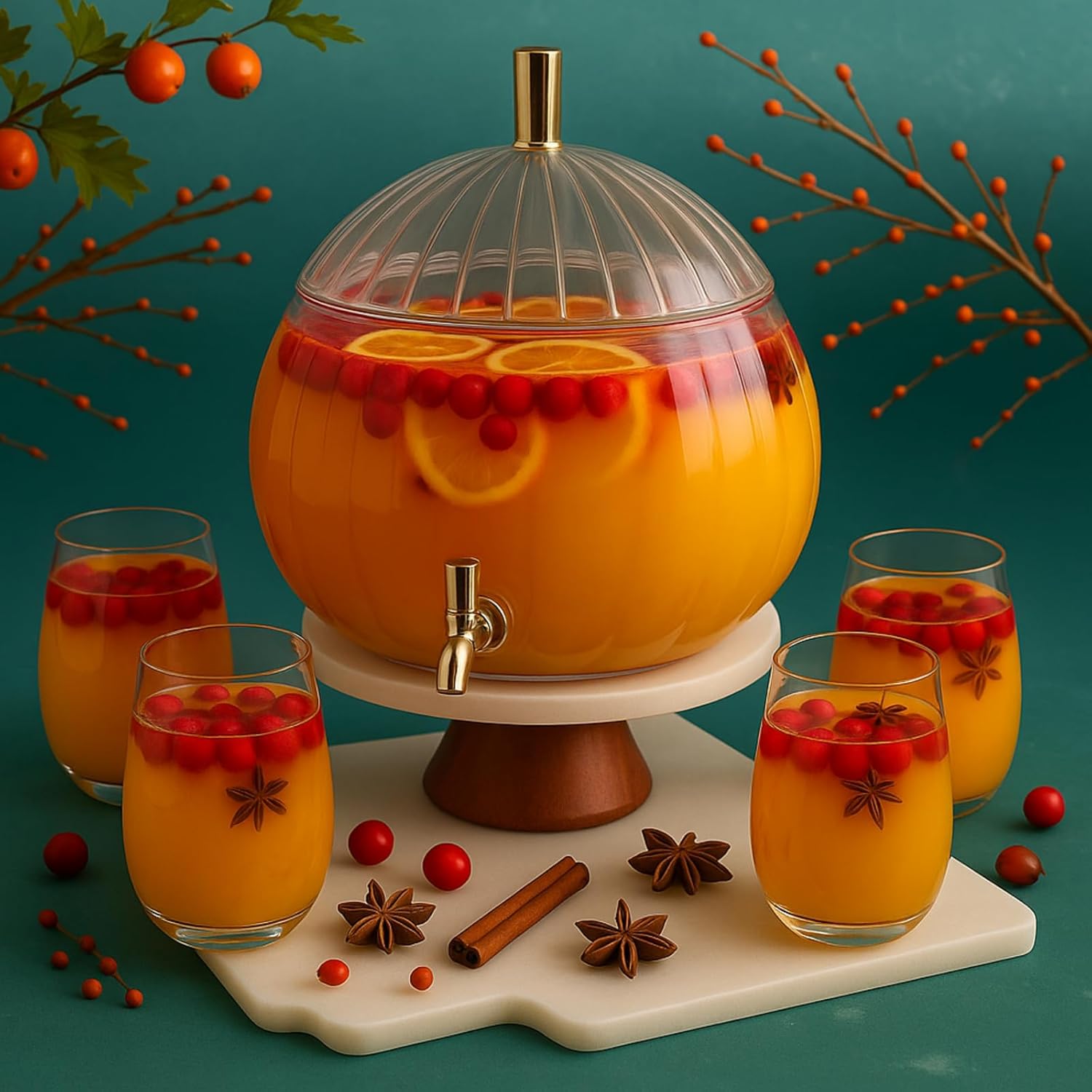 Pumpkin shaped drink dispenser with 4 cups and faucet