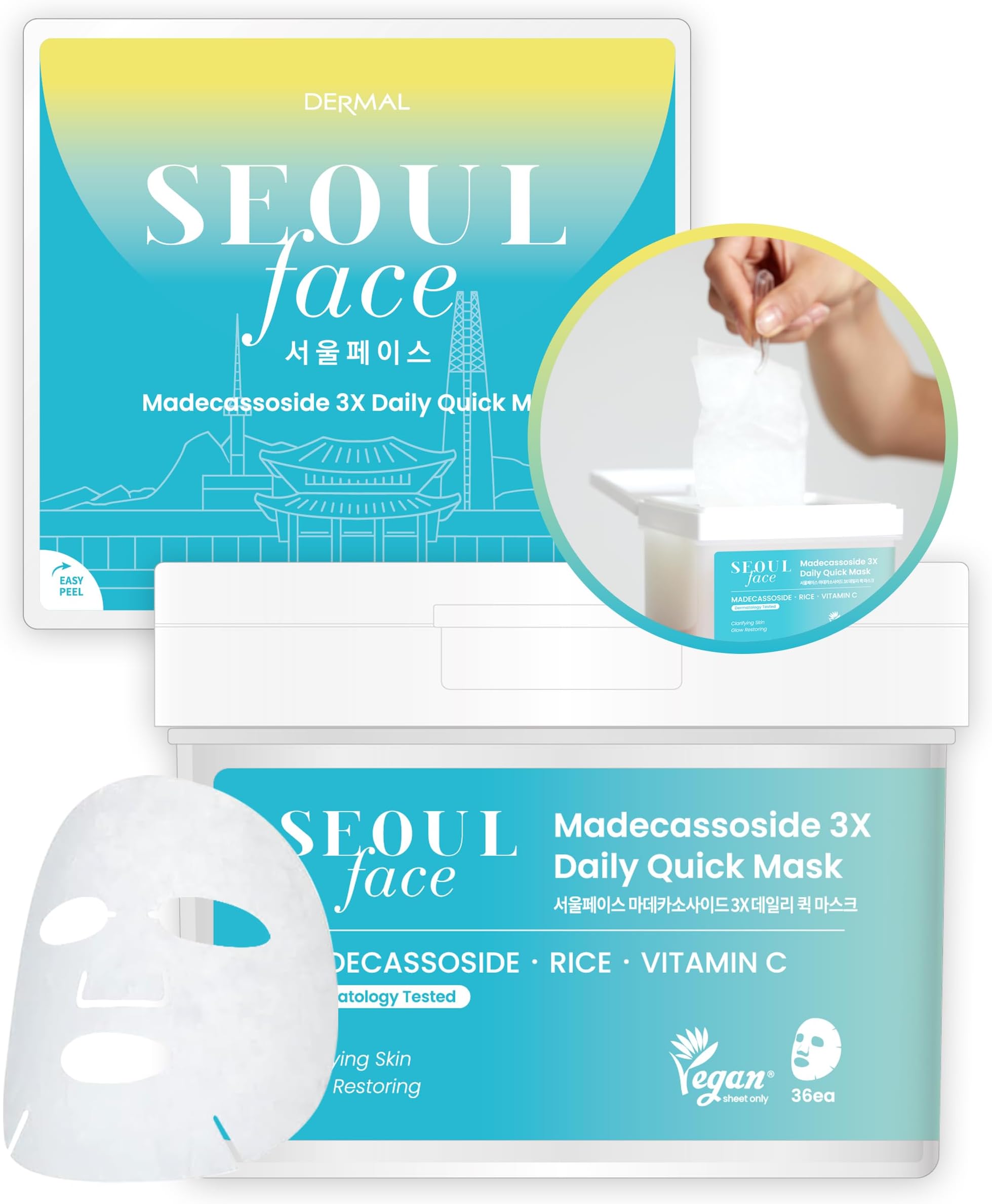 Seoul Face Cica Madecassoside 5-Min Quick Sheet Mask 36 Count Bulk, Korean Centella Soothing Daily Pull-Out Dispenser with Tweezers, Rice Vitamin C Calming Face Mask for Redness Sensitive Skin