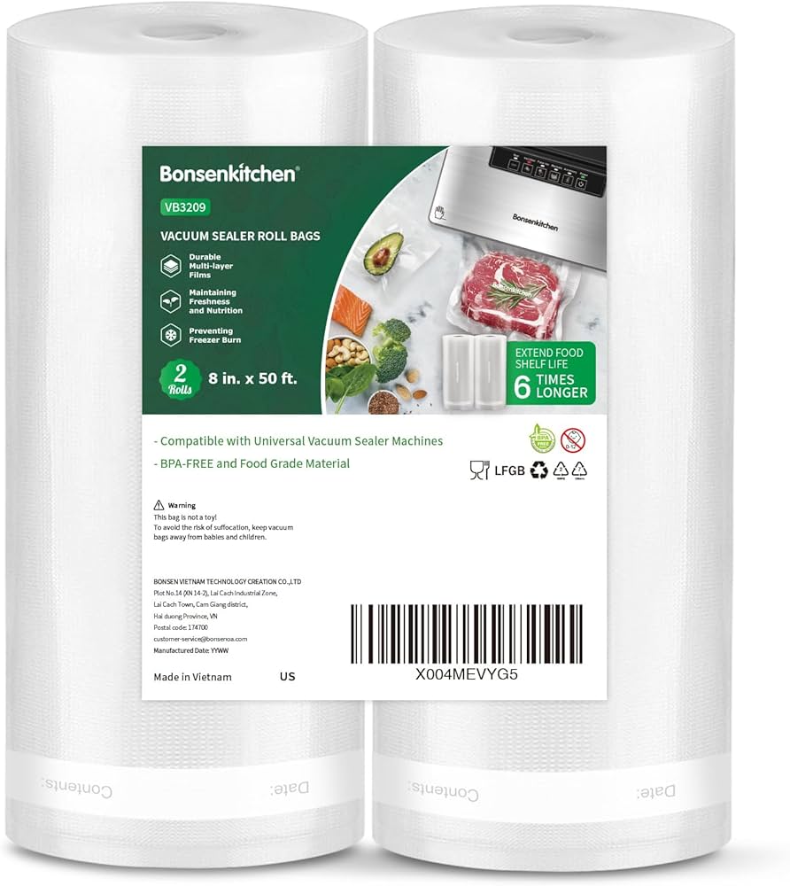 Bonsenkitchen Vacuum Sealer Bags, 8" x 50' Rolls 2 pack for Food Storage Saver, Bpa Free, Heavy Duty, Commercial Grade Textured Food Roll, Customized Size Bag for Sous Vide Cooking,VB3209