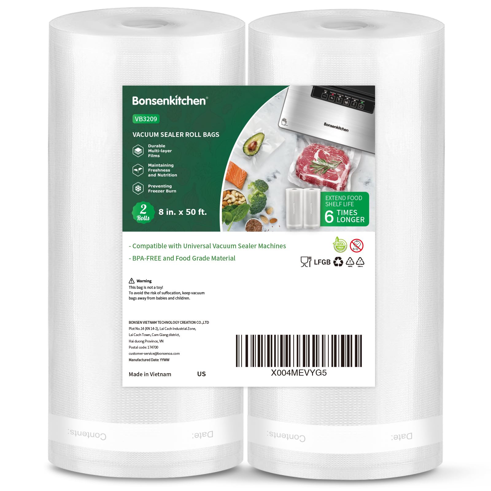 Bonsenkitchen Vacuum Sealer Bags, 8" x 50' Rolls 2 pack for Food Storage Saver, Bpa Free, Heavy Duty, Commercial Grade Textured Food Roll, Customized Size Bag for Sous Vide Cooking,VB3209